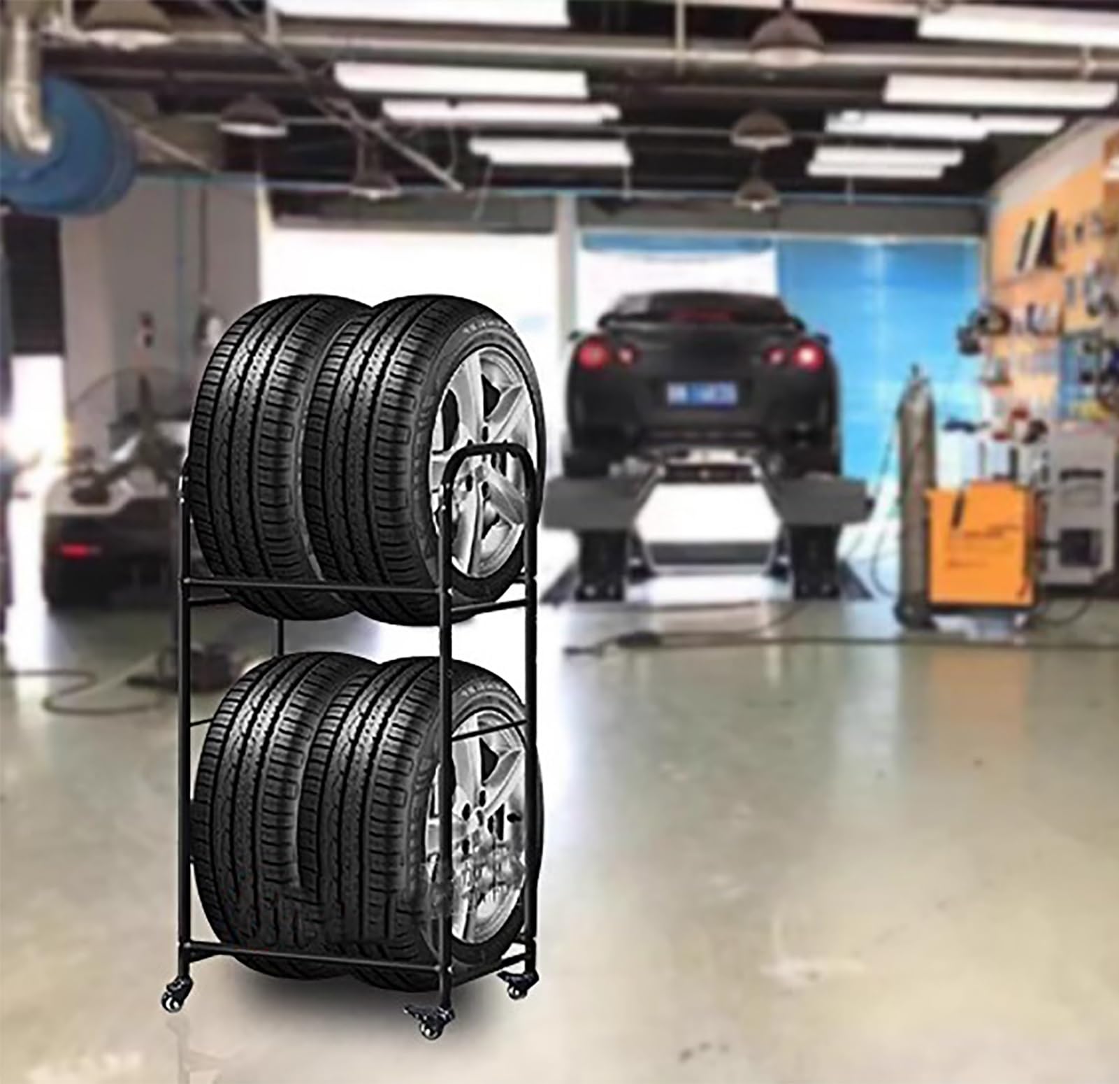 Tire savers under sports car tires in storage