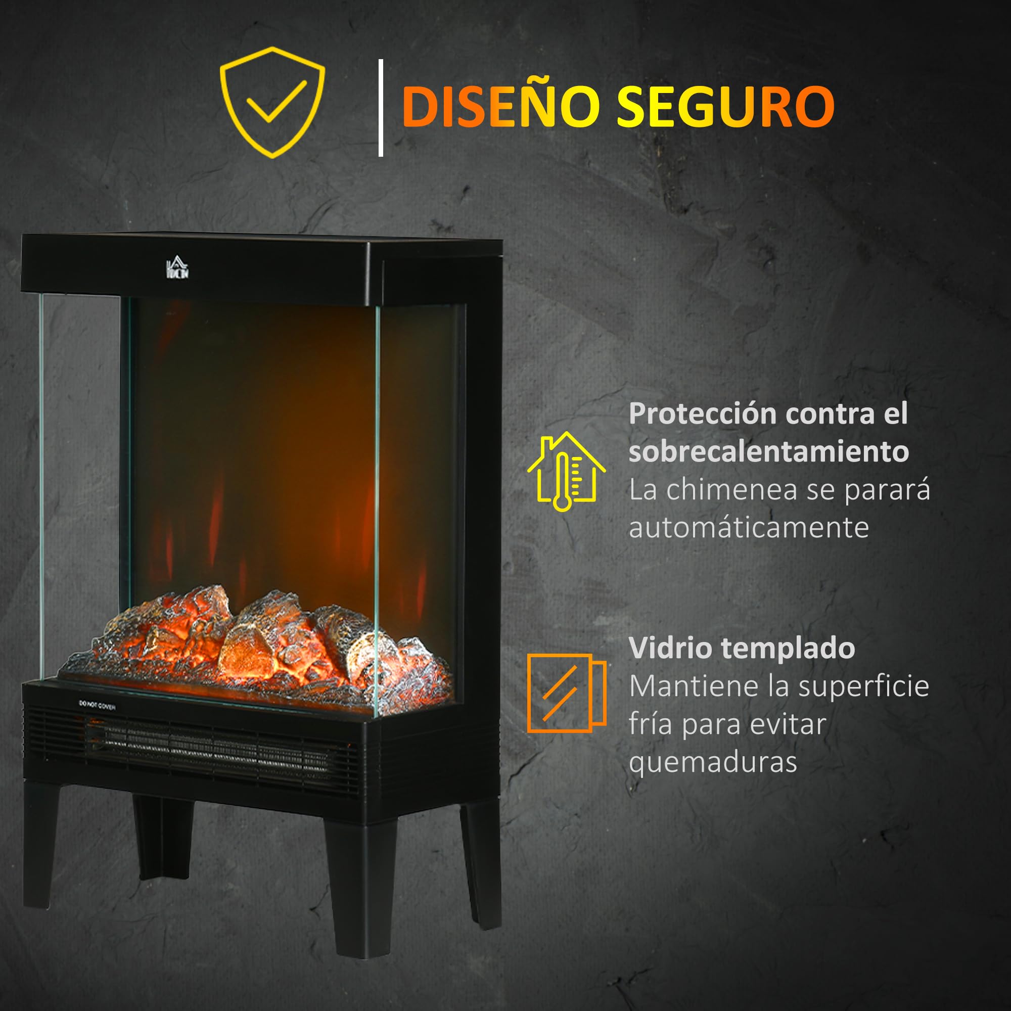 HOMCOM Chimenea Eléctrica 1000W/2000W Llama LED Ajustable Termostato Protección Sobrecalentamiento 15-20 m² Negro
