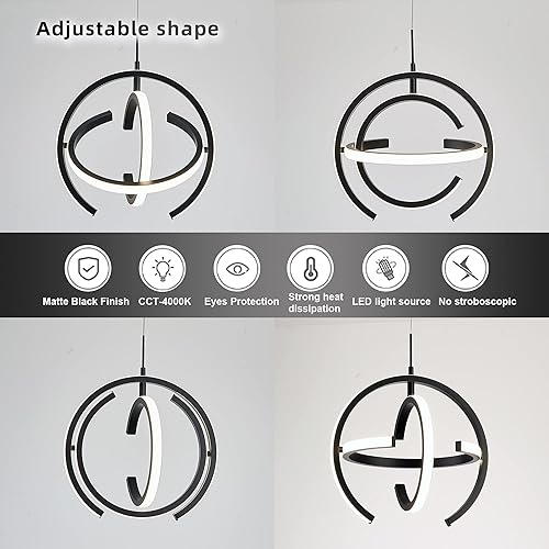 Miniatura 7 de Kinglong Candelabro LED moderno negro, lámpara colgante redonda de 4000 K para comedor, cocina, isla, dormitorio, sala de estar, vestíbulo, escalera
