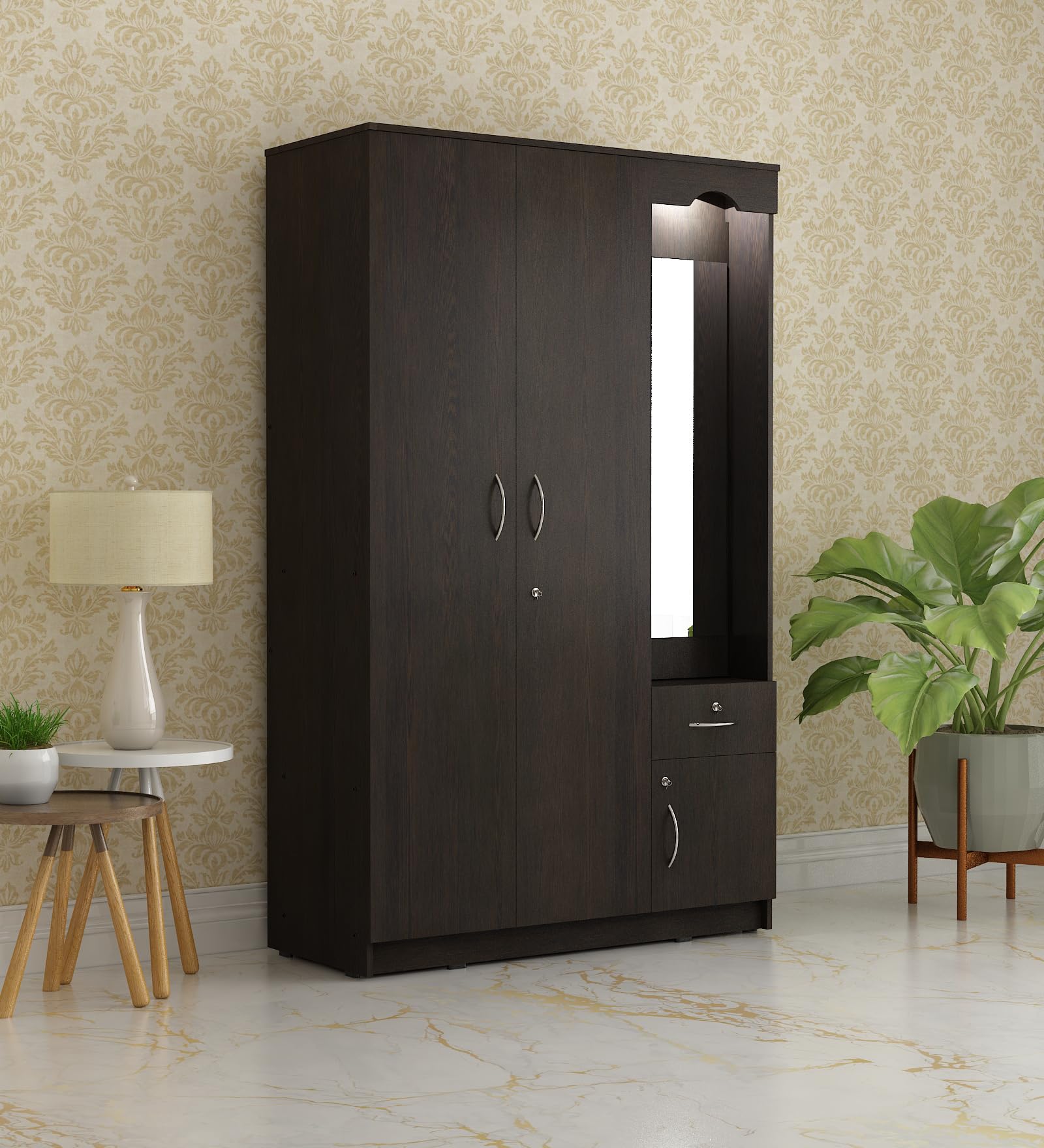 Syntax 3 Door Wardrobe | Engineered Wood Wardrobe with Dressing Table | 7 Shelves | Dark Wenge | Knock Down-image-25