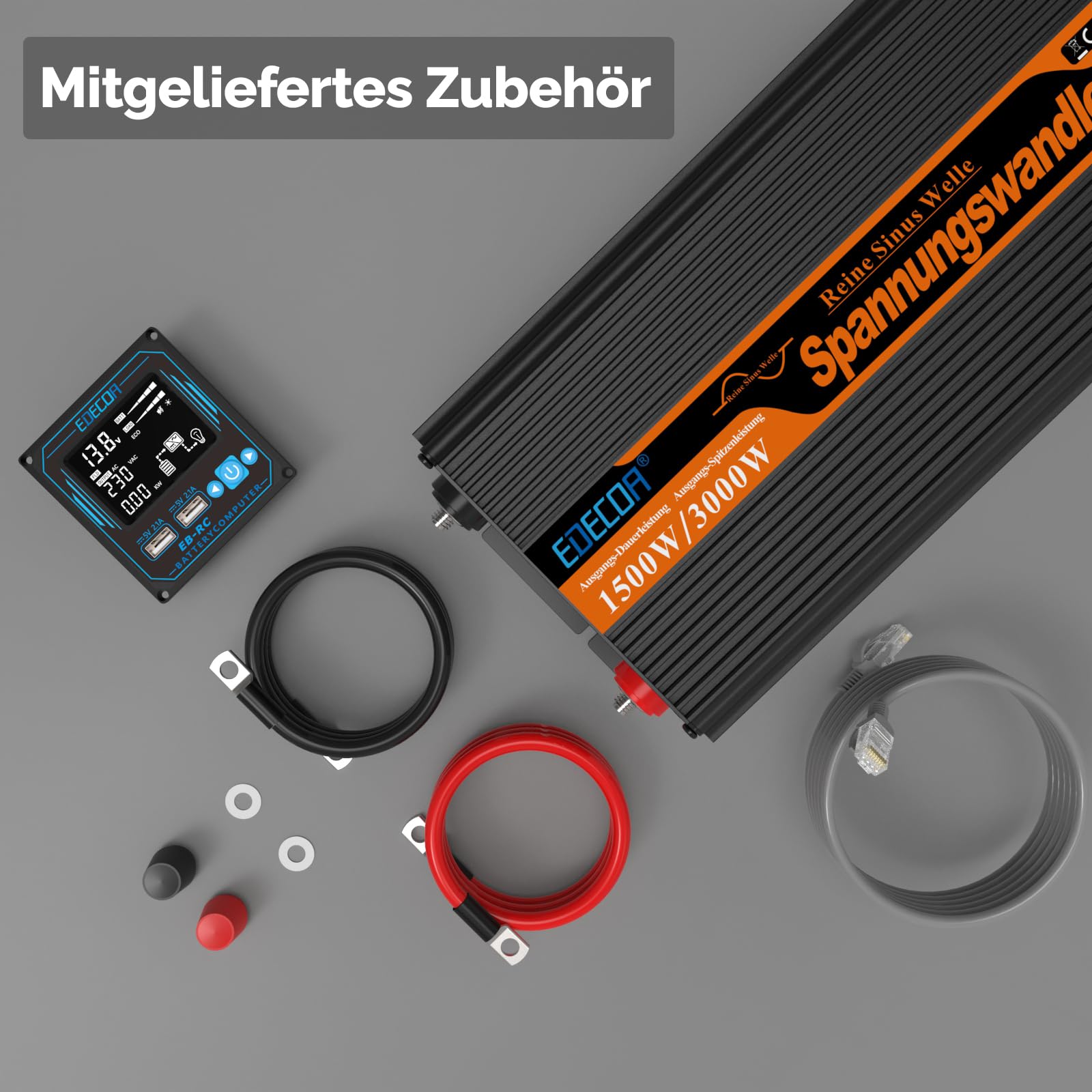EDECOA Wechselrichter 1500W Reiner Sinus – 12V auf 230V mit ECO-Modus, Bluetooth & App für Auto, Wohnmobil & Solarenergie – Tragbarer Stromwandler mit LCD-Display