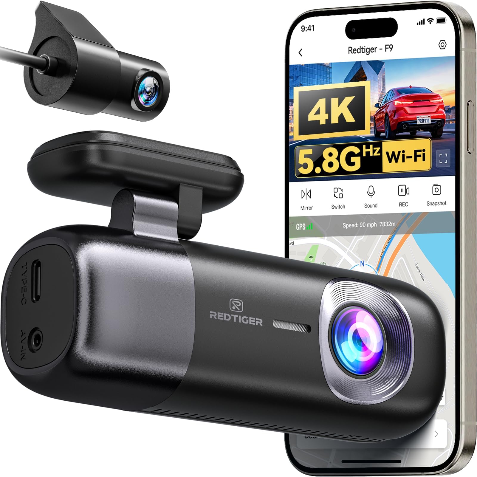 F9 Dash Cam 4K Front and Rear 1080P, 5.8GHz WiFi GPS Car Camera with APP Control, Dual Dash Camera for Cars, Loop Recording, WDR Night Vision, Parking Mode, Support 256GB Max