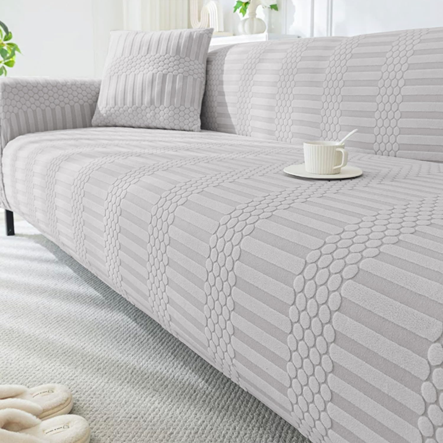 Lukzer Universal 1 Seater Polyester Sofa Cover with 1 Cushion Cover Soft Touching Flexible Stretch Slipcover (Pastel Light Grey Dotted Stripe Pattern/SC-067-01/90-140cm) (220 GSM) (B0DF7CLXMK) Amazon Price History, Amazon Price Tracker