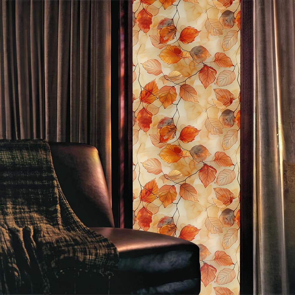 Condition photo showing New/Like New for lot of 6 assorted 16“x118 boho elegant orange leaf double side window films art decorative window privacy tinting film self-adhesive static glass window clings stickers for living room bathroom
