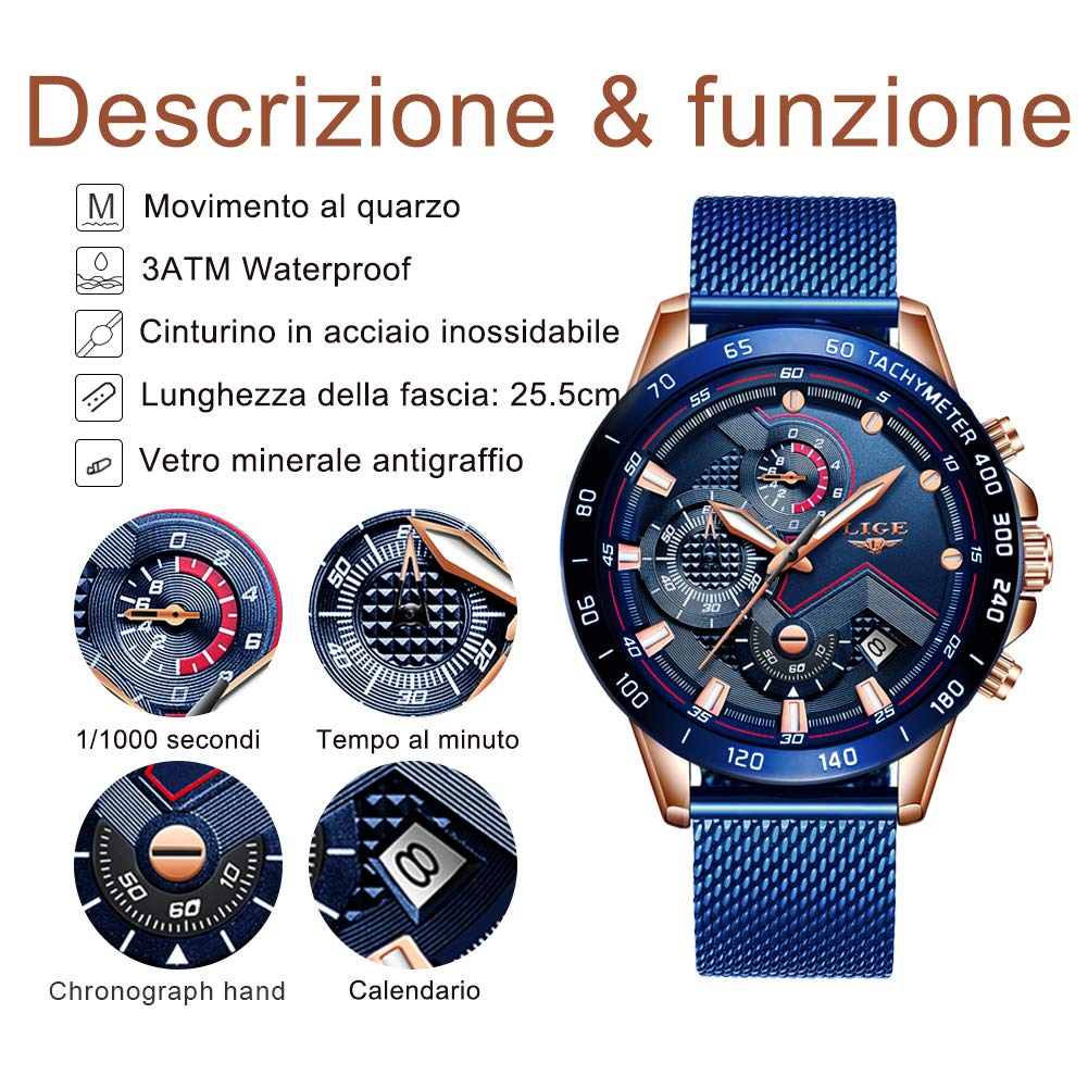 LIGE Cronografo da uomo Impermeabile Analogico Quarzo Orologi…, Blu, cinturino, Blu, Bracciale