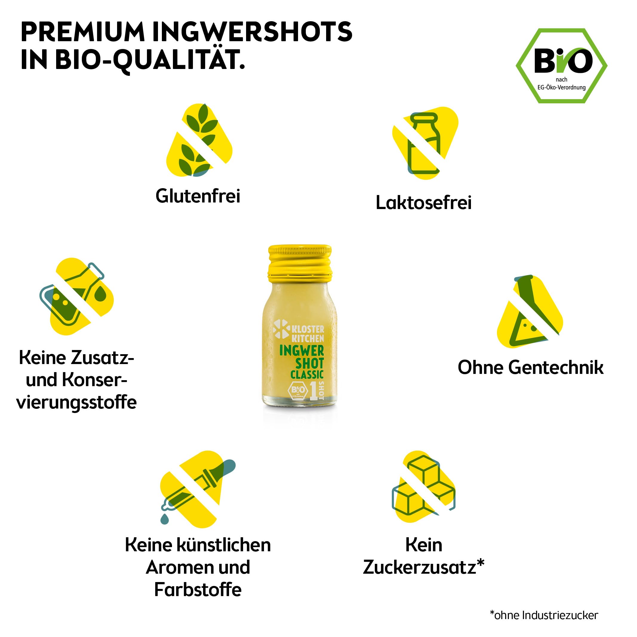 Kloster Kitchen Mezcla de jengibre orgánico 14 botellas 30 ml con trozos de jengibre vidrio vegano