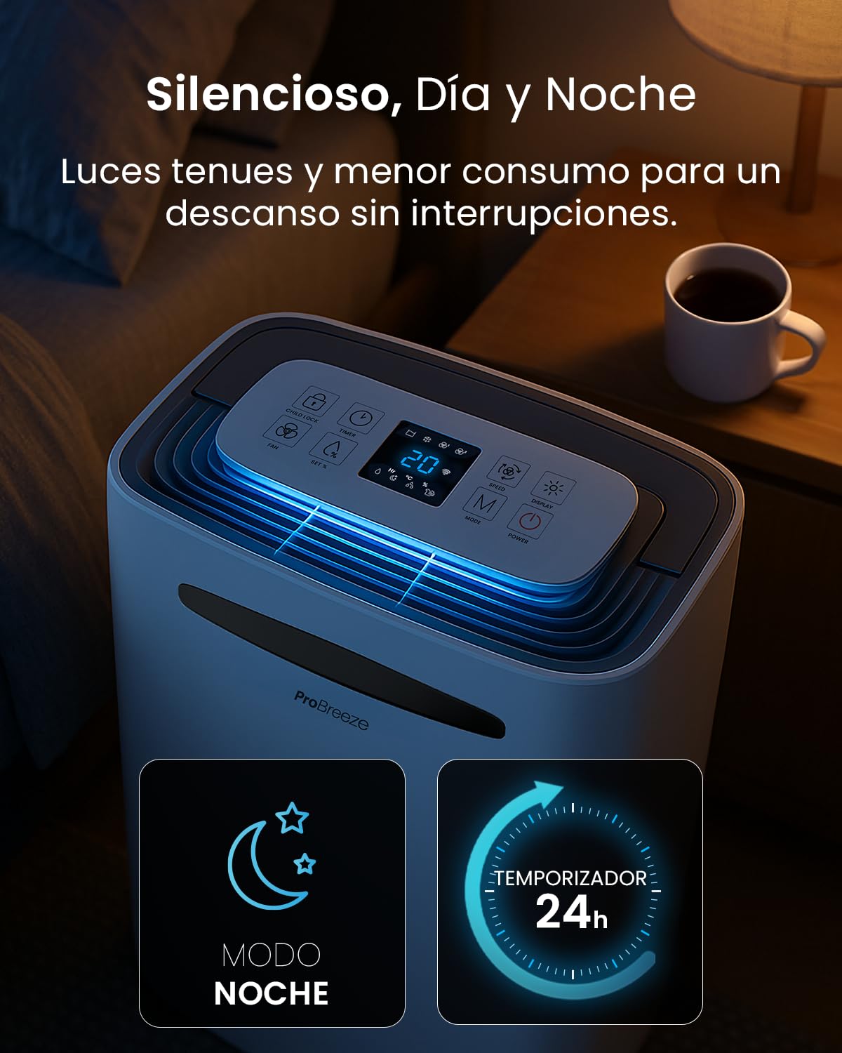 Pro Breeze deshumidificador inteligente 20L/día con Wi-Fi, sensor de humedad, modo ropa y drenaje continuo para condensación y moho en casa