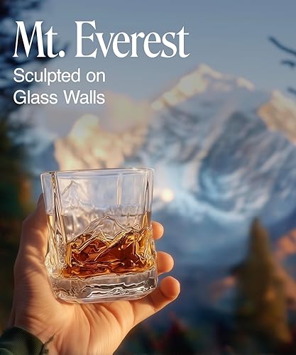 Miniatura 4 de Unique Everest - Juego de 6 vasos de Bourbon en caja de regalo forrada de tela, tema de montañas, vasos de whisky pesados congelables de 8 onzas,