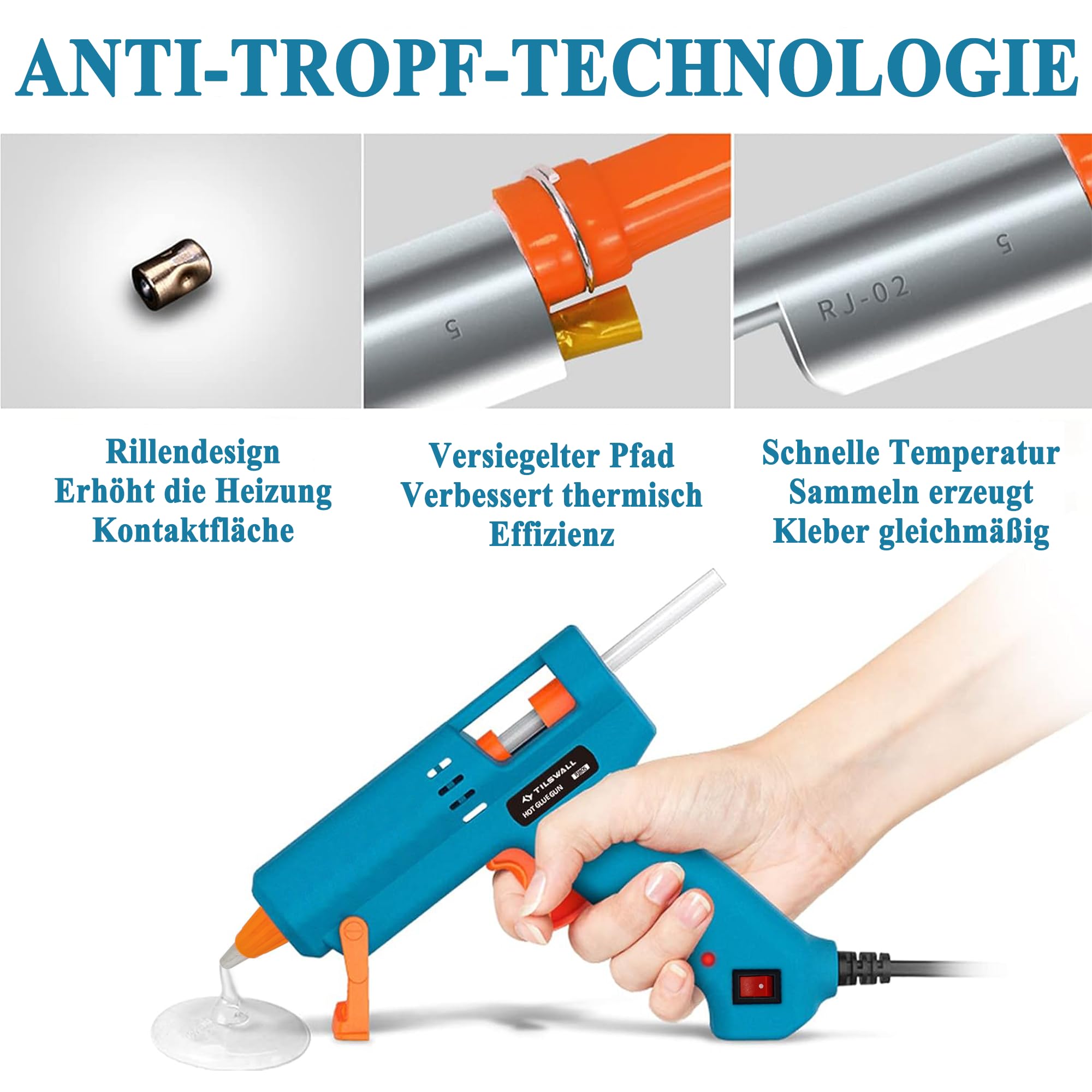 Tilswall Heißklebepistole 50W mit 75 Klebesticks 7 mm x 130 mm, Heissklebepistole für Schule, Heimwerken, Kunsthandwerk und schnelle Reparaturen im Haushalt
