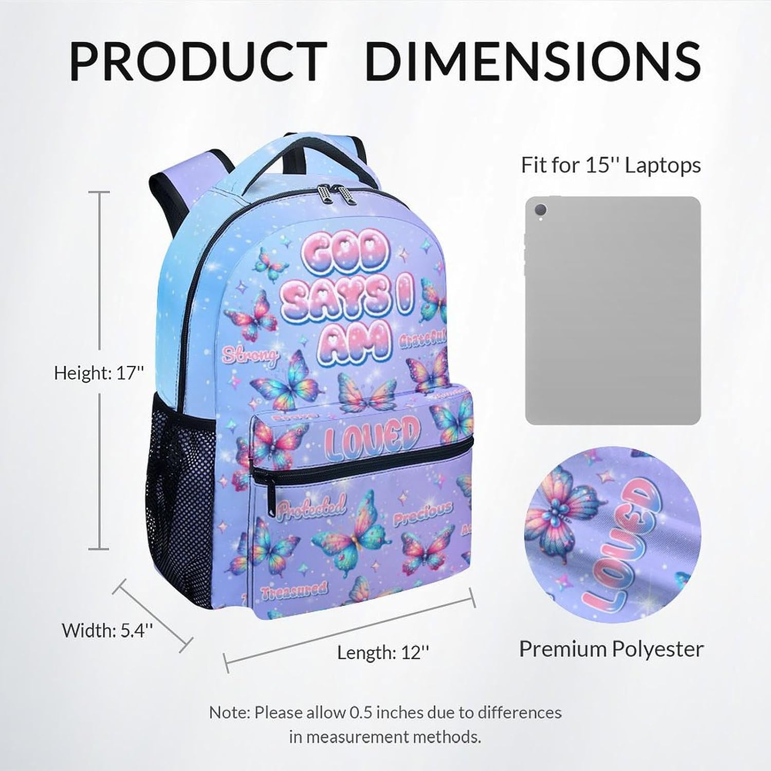 Backpack for Girls, Butterfly Backpacks for Kids, 17" Toddler Bookbag for Preschool Kindergarten Elementary, God Says I Am School Bag