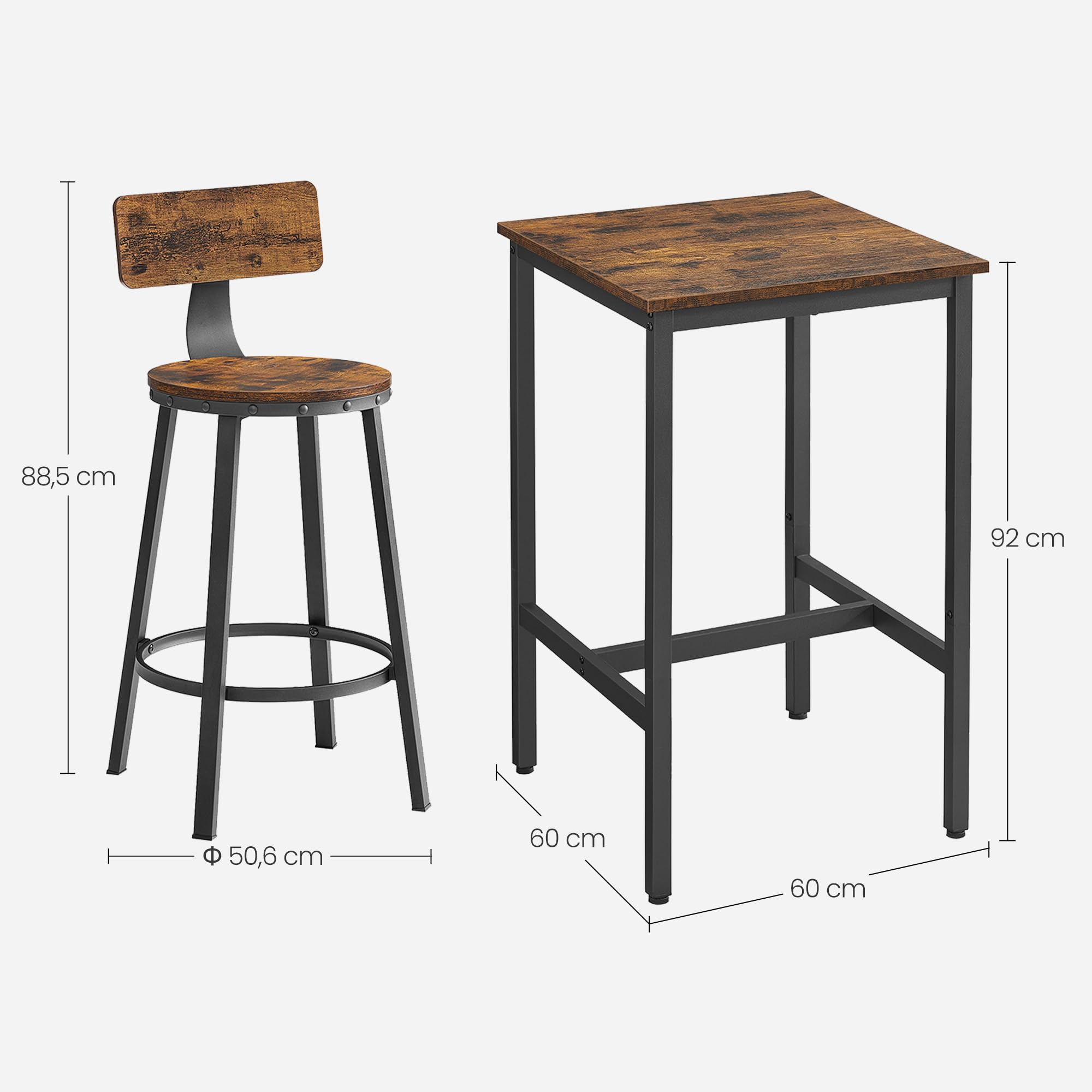 VASAGLE Ensemble Table Haute avec 2 Tabourets de Bar, Table de Bar Carrée, Table de Cuisine, Chaises de Bar, Chaise de Cuisine, Cadre en Métal, Montage Facile, Marron Rustique et Noir LBT031B01
