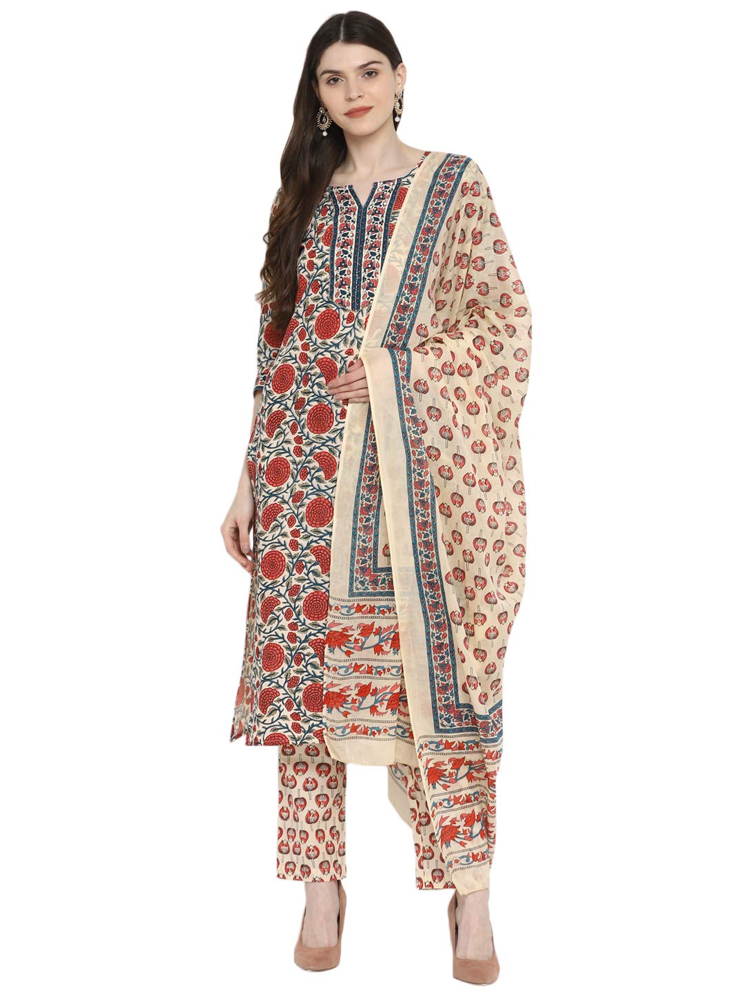 VbuyzWomen's Indian Printed & Sequence Straight Cotton Red Kurta/Kurti Set with Pant & Dupatta for Regular Use & Festival