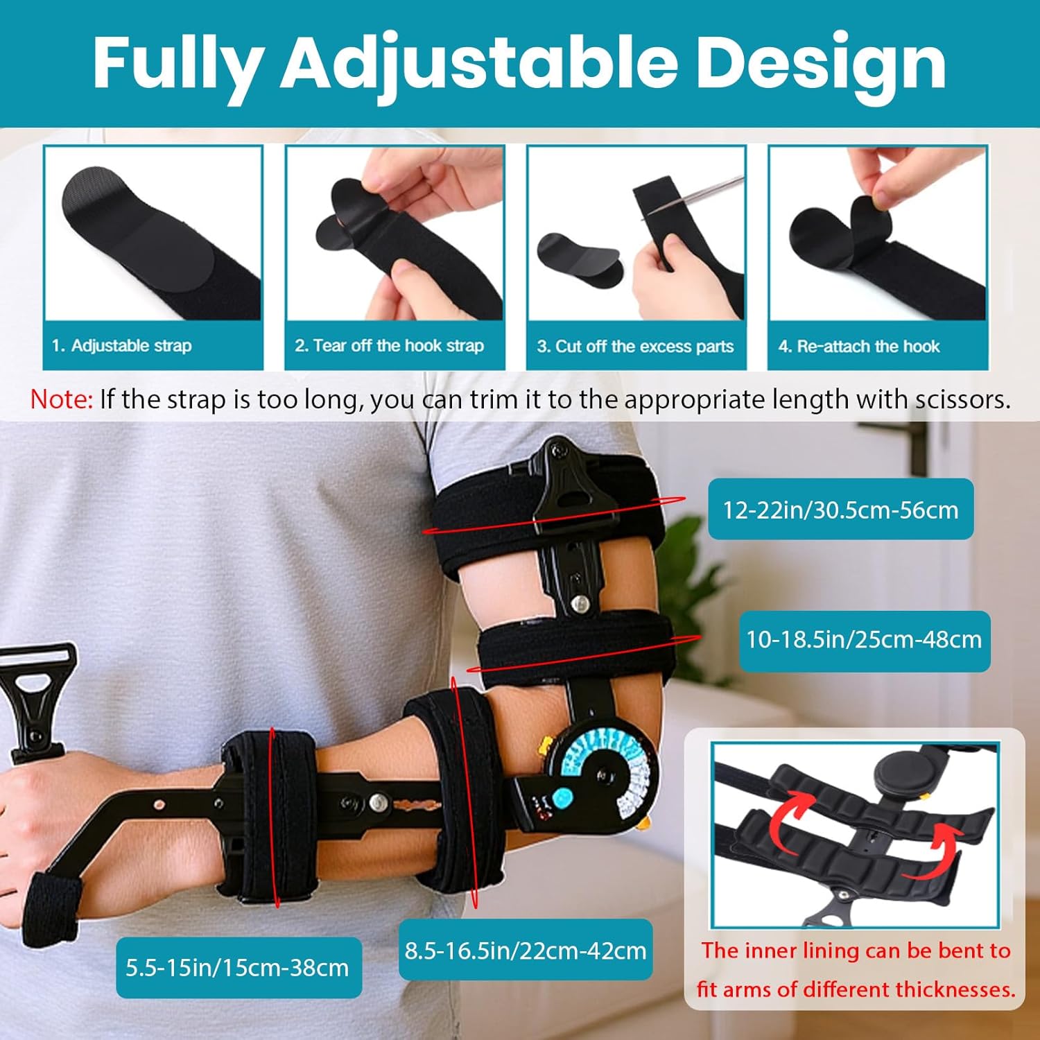 Hinged ROM Elbow Brace, Adjustable Post Op Stabilizer Splint with Hand Grip, Arm Support (Right)