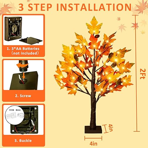 Miniatura 7 de Remon Árbol de arce iluminado de 2 pies, árbol artificial de otoño, decoración de Acción de Gracias, lámpara de mesa con 36 luces LED, hojas de arce