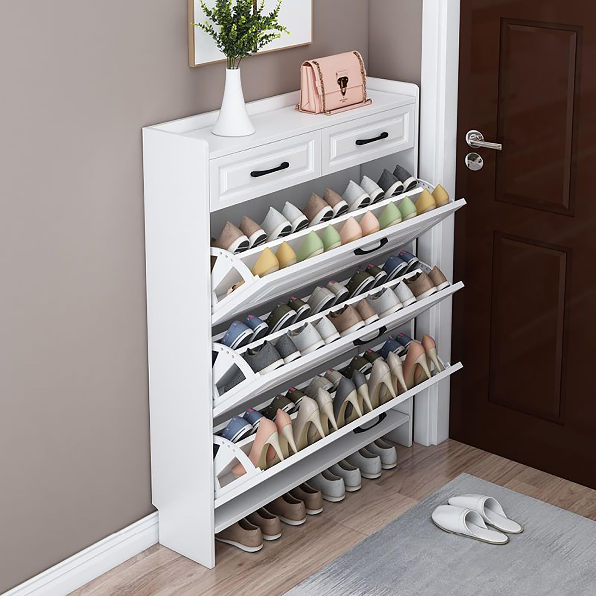 Scarpiera Stretta A 3 Cassetti Ribaltabili – Metallica Bianca – Larghezza 89 X Altezza 107 X Profondità 13 Cm – Salvaspazio Per Ingresso