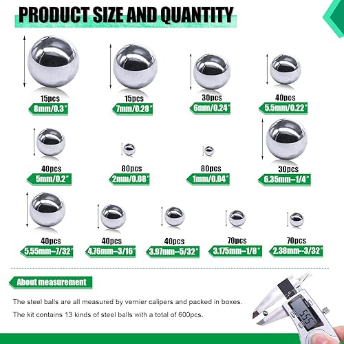 Miniatura 5 de 600PCS Bolas de rodamiento de bicicleta de 12 tamaños de bolas de acero inoxidable de precisión de acero inoxidable surtido kit suelto 0.039 in,