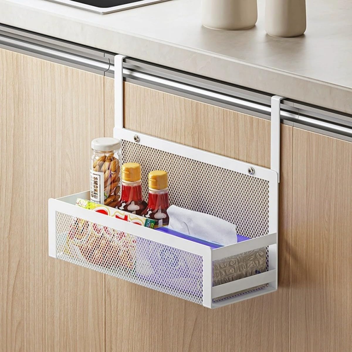 Cesta de almacenamiento para colgar sobre la puerta del armario, cocina, baño, despensa, debajo del fregadero, solución para ahorrar espacio (blanco)