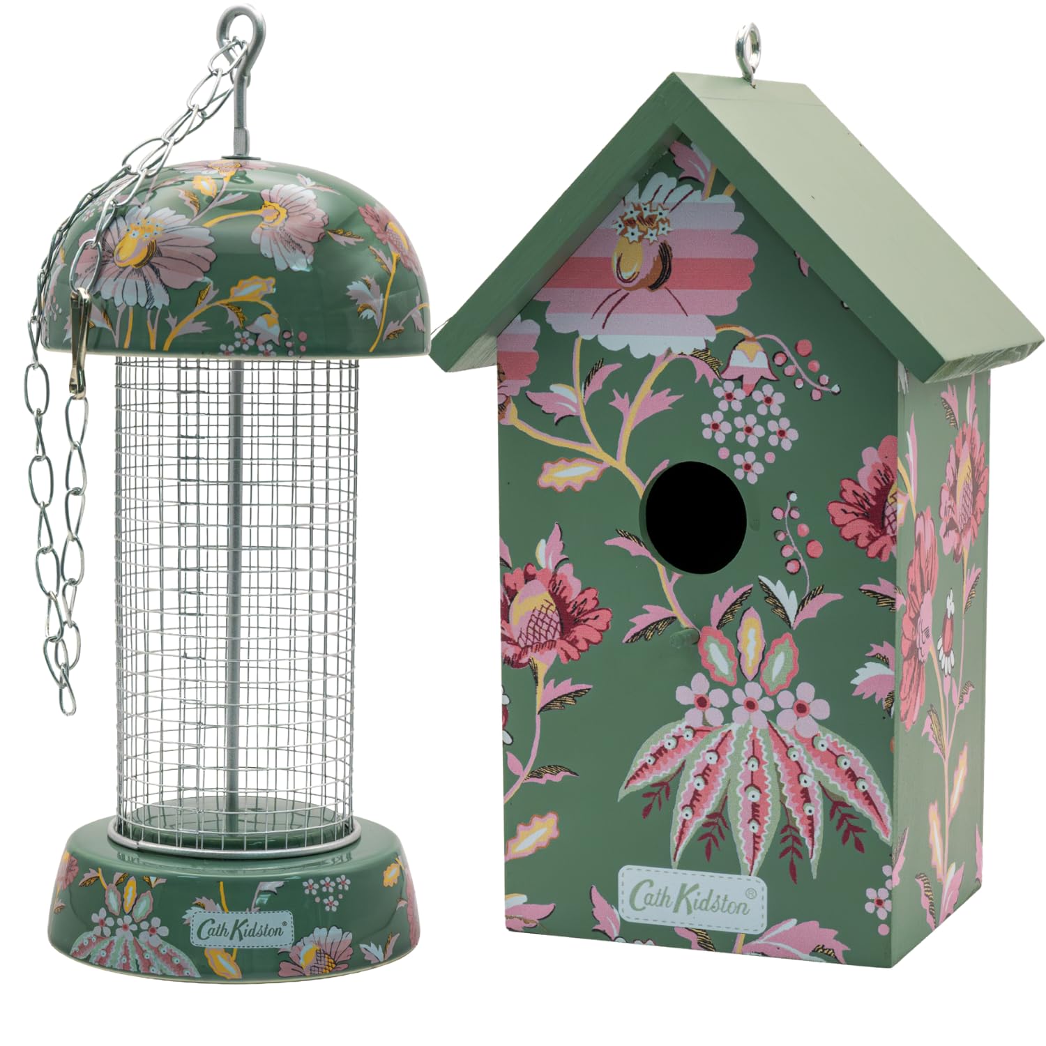 Cath Kidston Wild Bird Gift Set - Hanging Peanut Bird Feeder & Wooden Nesting Bird House for Small Garden Birds, Decorative Weather Resistant Outdoor Wildlife Accessories | Feeder 24cm, House 22.5cm