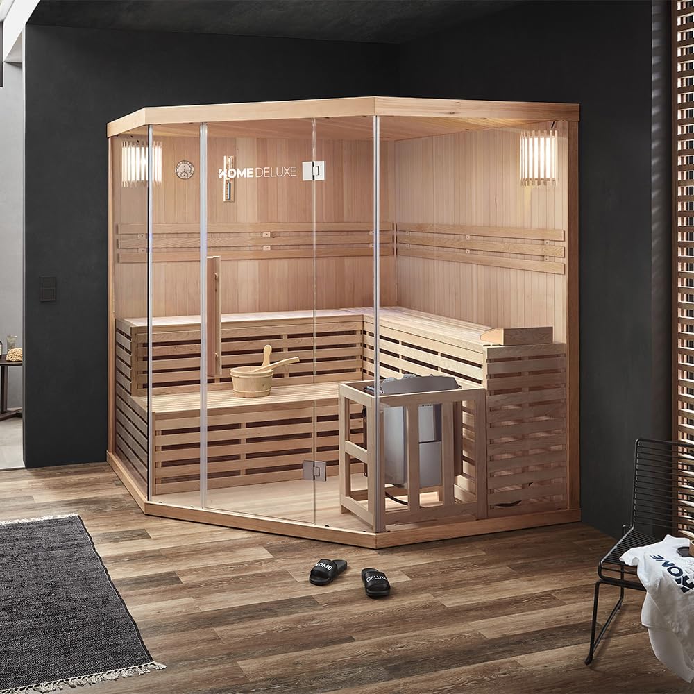 Home Deluxe - Traditionelle Sauna - Skyline XL Big - 200 x 200 x 210 cm - für 2-6 Personen, Hemlocktanne, inkl. Saunaofen, Saunazubehör I Dampfsauna Aufgusssauna Finnische Sauna Bio Sauna