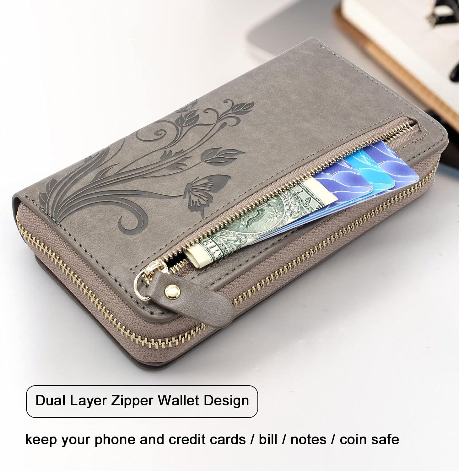 Lacass Case Compatible with iPhone 15 Plus/iPhone 14 Plus, Crossbody Dual Zipper Detachable Leather Wallet Phone case Cover (Floral Gray) - Image 4