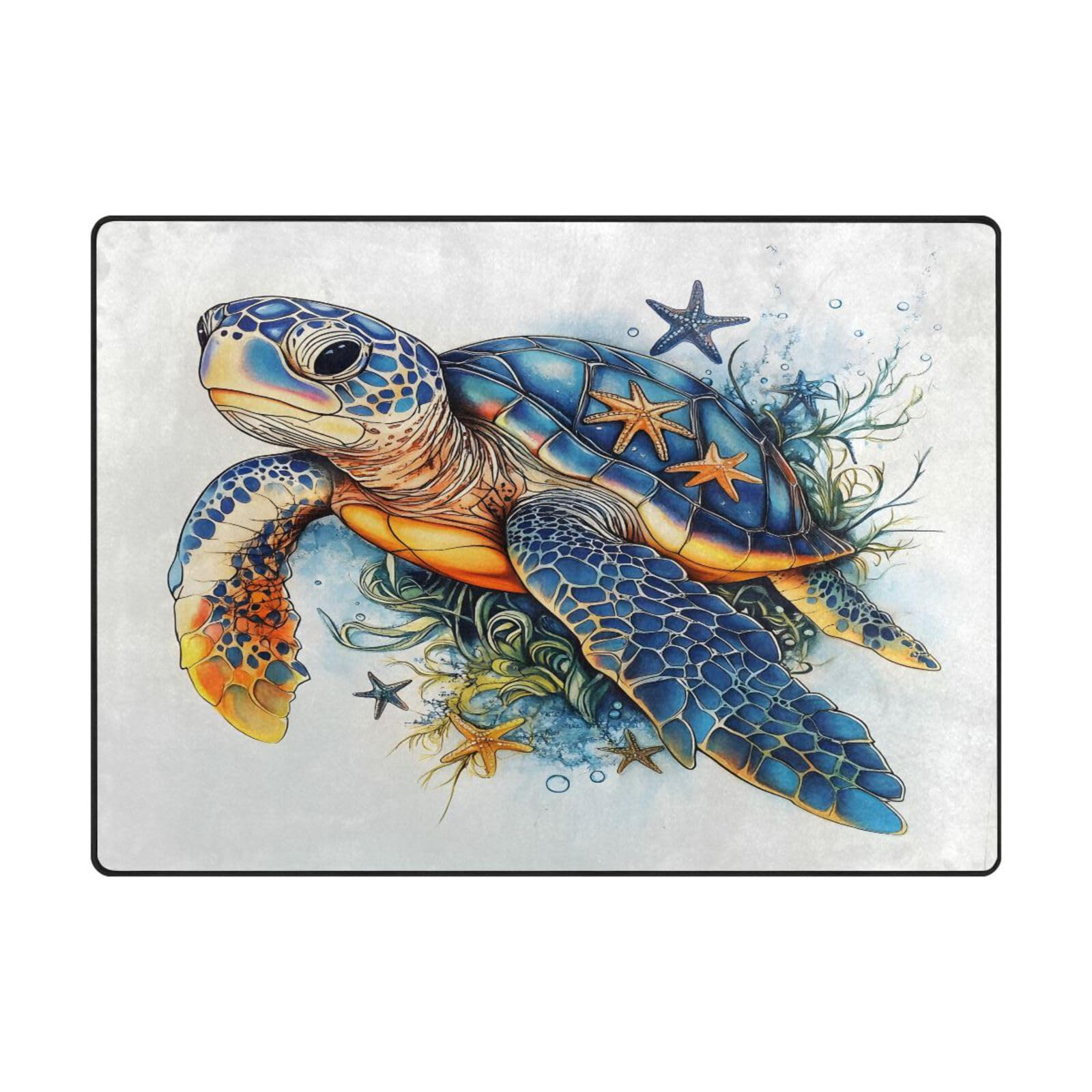 Tapis doux bleu motif tortue de mer 203x147 cm grand modèle