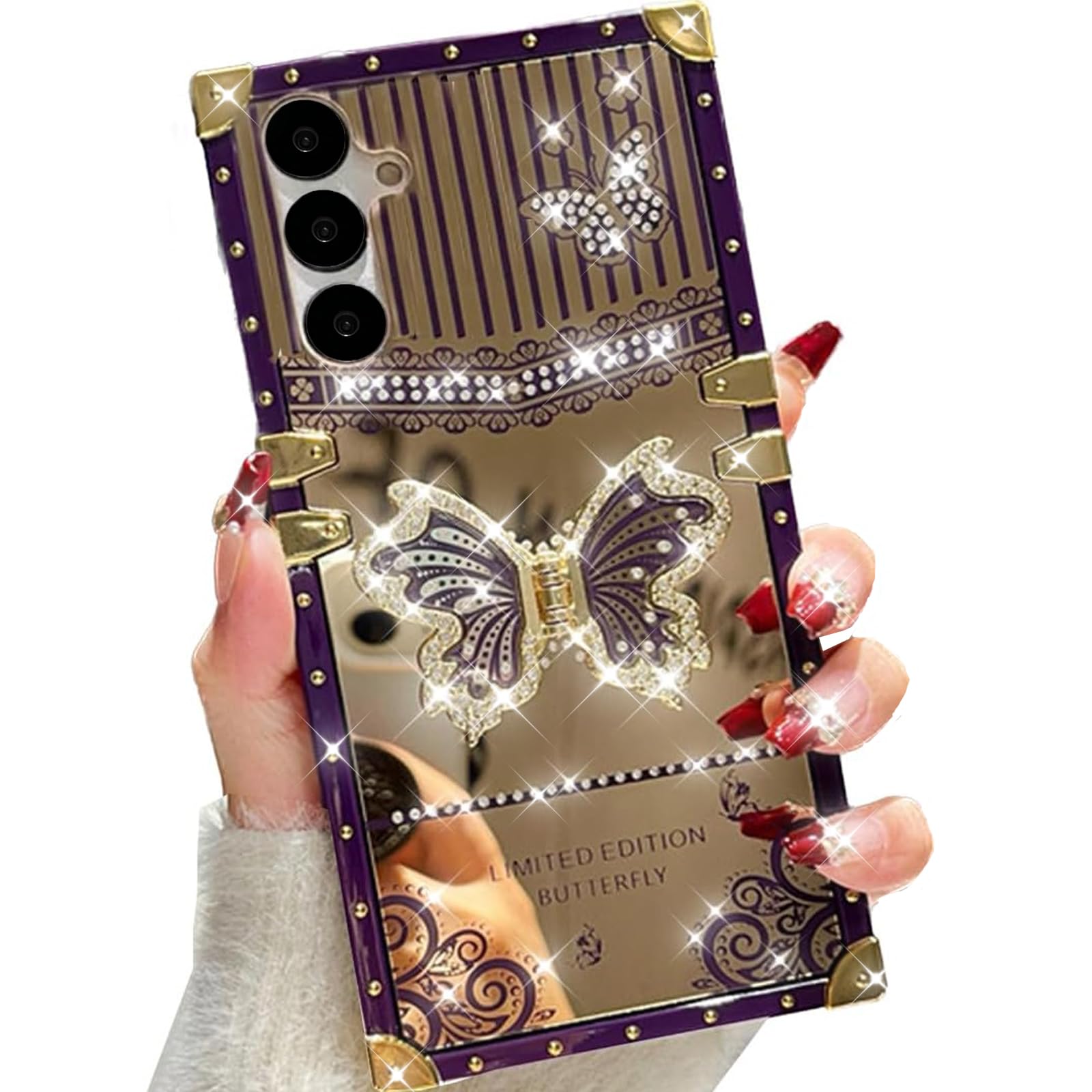 Changjia for Samsung Galaxy A17/A16 5G Kickstand Case,Cute Luxury Glitter Bling Sparkly Diamond Butterfly Foldable Stand Elegant Mirror Shockproof