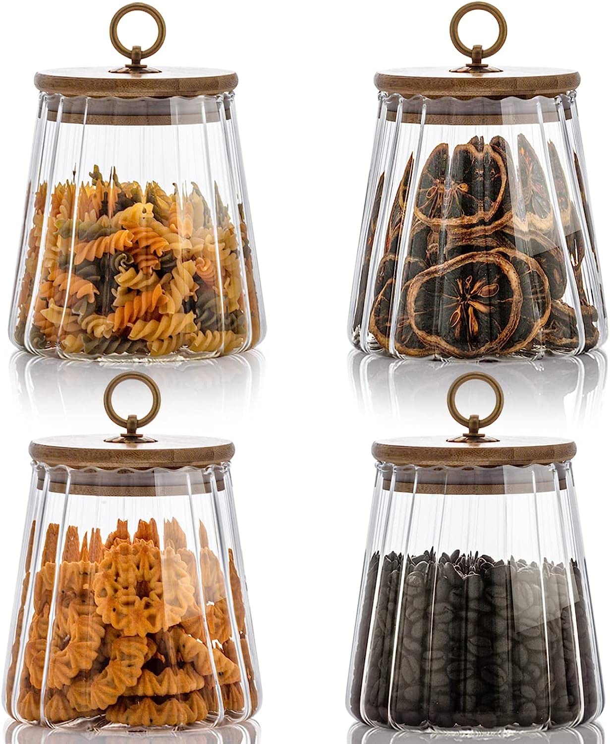 Airtight Glass Jars Set of 4,Glass Coffee Nuts Canister with Bamboo Lid,Petal Decorative Coffee Storage Container for Sugar,Loose Tea,Nuts,Candy,Spice Food,Moisture-proof & Leak proof (Taper)