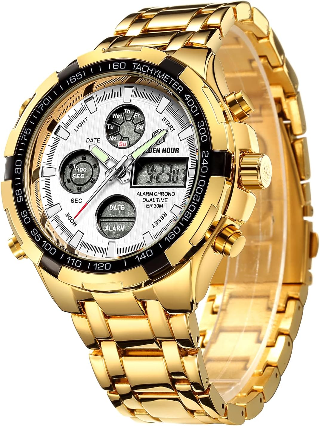 Tamlee Luxury Full Steel Analog Digital Watches for Men Led Male Outdoor Sport Military Wristwatch (Gold White)