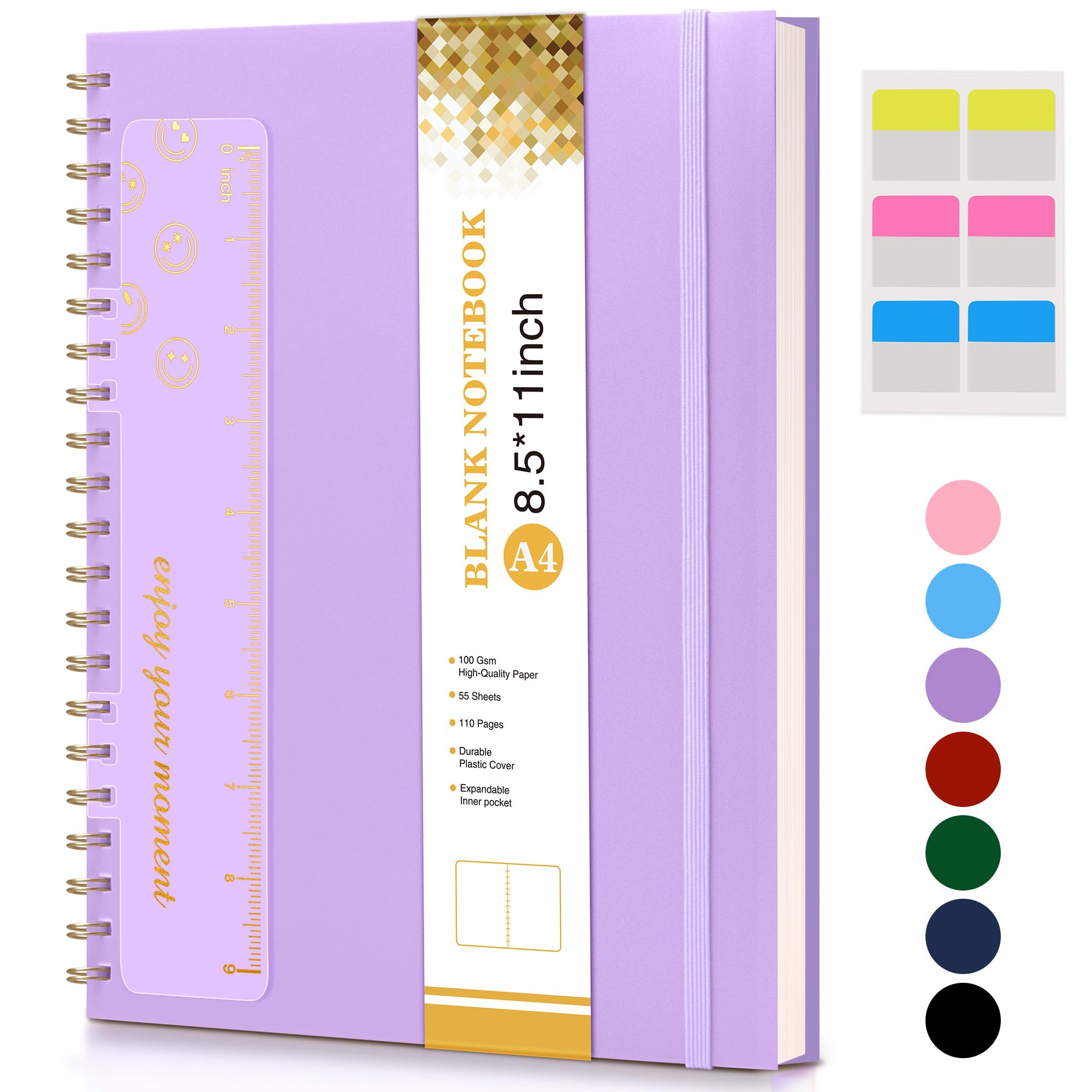 Blank Spiral Notebook Journal 8.5” x 11”, A4 Large Sketch Book for Women Men, 100 GSM Blank Paper Drawing Notebook, Plastic Hardcover Spiral Bound
