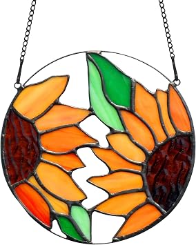 BOXCASA Sunflower Decor Stained Glass Window Hanging,Handmade Art Craft Sun Flower Glass Suncatchers for Window,Tiffany Style Ornament Home Decoration Housewarming Gifts for Mother