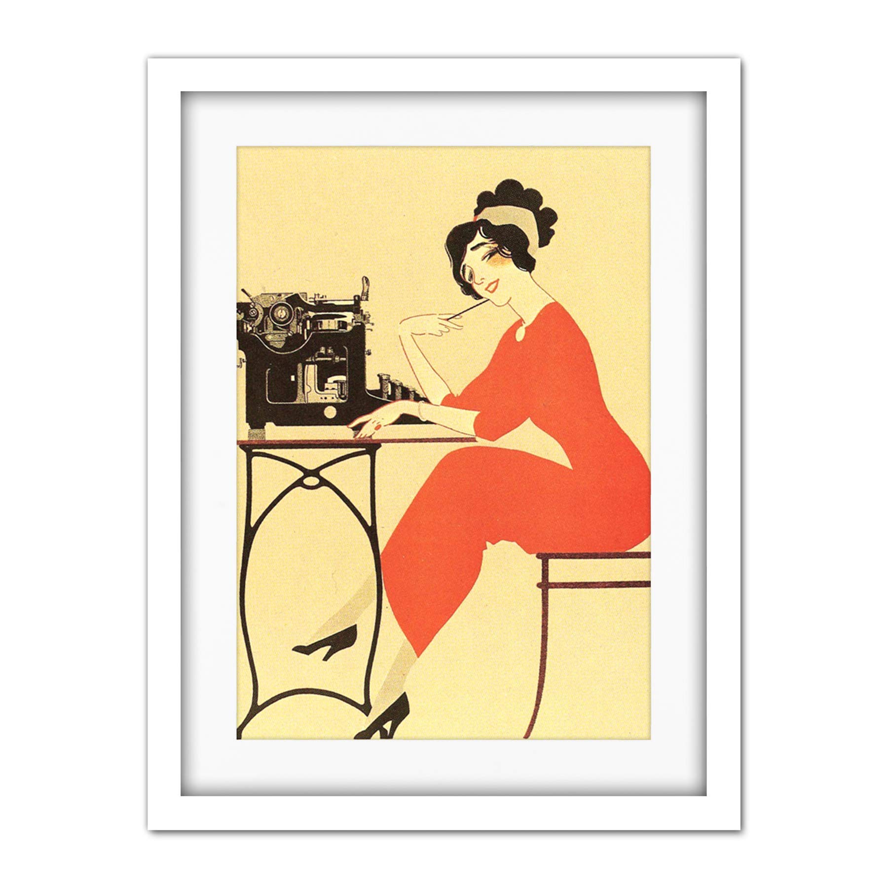 Wee Blue Coo Typewriter Woman Red Dress Writing Artwork Framed Wall Art Print 18X24 Inch