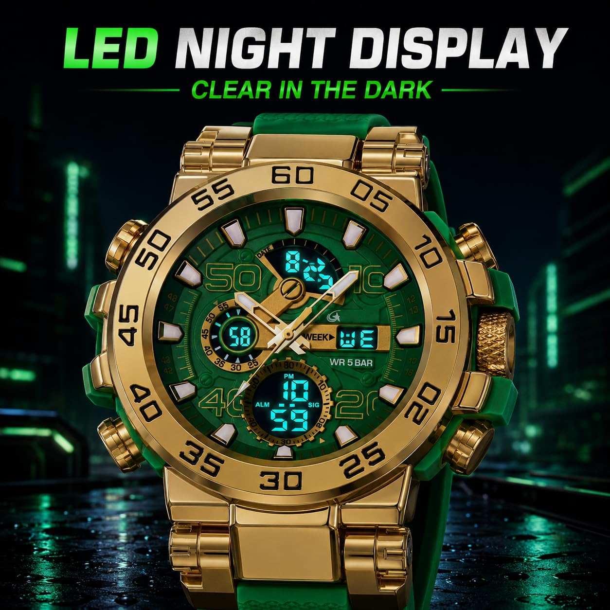 MASTOP Relojes coloridos para hombre, para deportes al aire libre, 55 mm, cara grande, camuflaje, 50 m, impermeable, militar, reloj de pulsera táctico, fecha, multifunción, alarma LED, resistente para