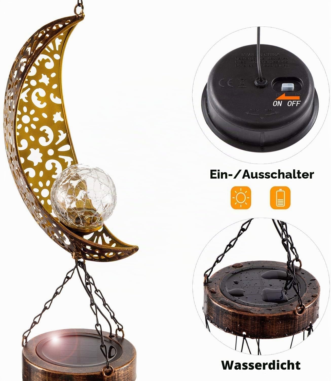 lifemet Windspiel, Solarleuchten – angetriebene LED-Mond-Nachtlichter, für den Außenbereich, Garten, wasserdicht, Metall, Windglocken-Licht, Lampe für Terrasse, Deck, Rasen, Hof, Terrasse