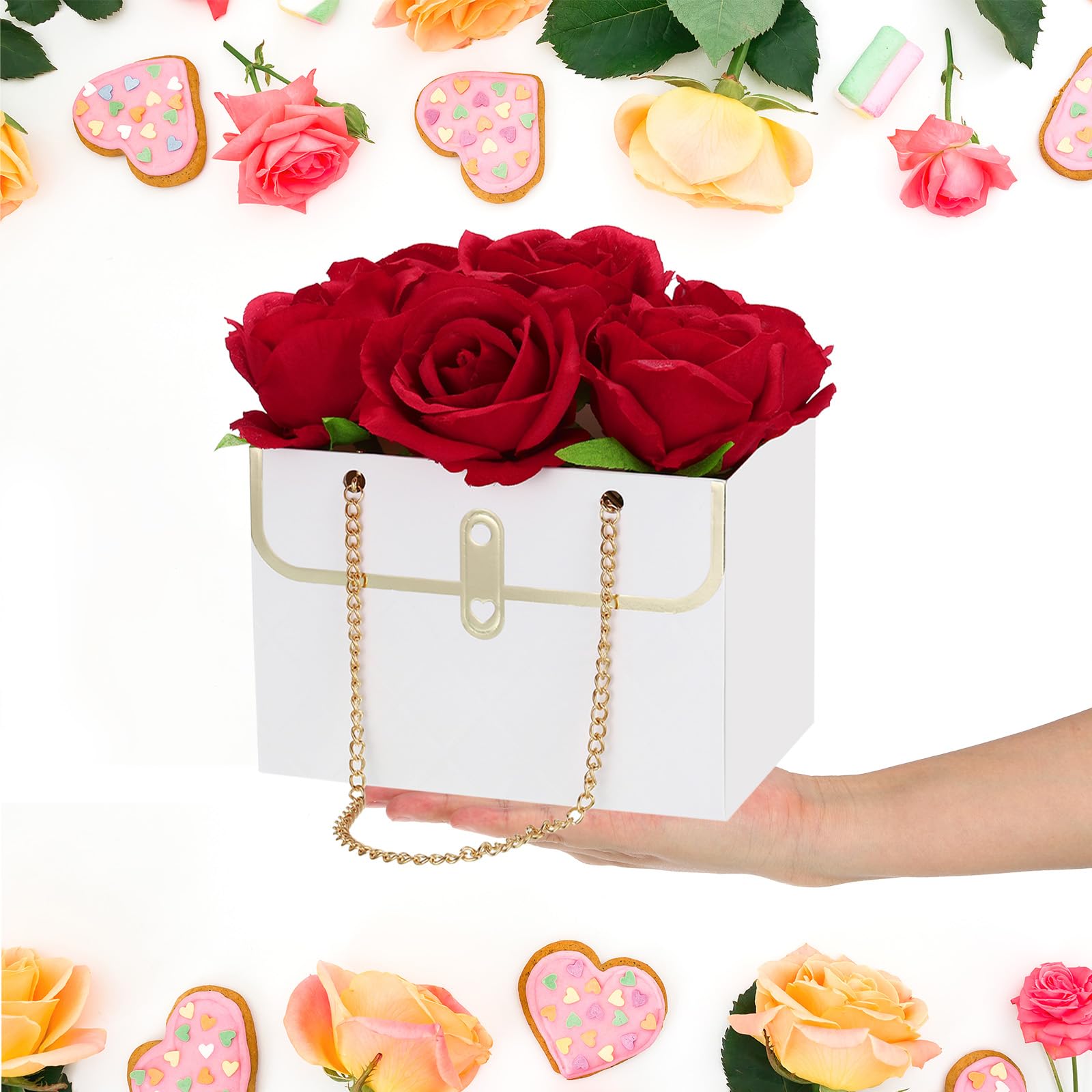 PATIKIL 5 Bustine Regalo Per Fiori In Carta Bianca Con Manico A Catena - Confezione Porta Bouquet Per Matrimonio, Compleanno, Festa