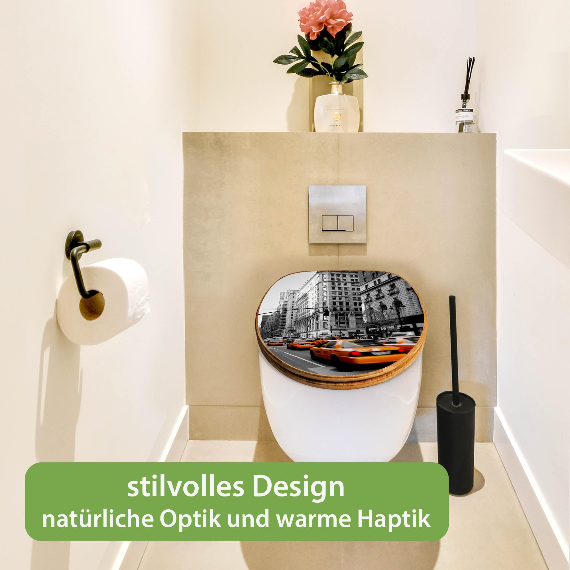 banjado Design WC Sitz Bambus Absenkautomatik 45,8x37,5cm - Toilettendeckel mit Absenkautomatik Holz - hochwertiger Bambus Klodeckel - WC-Sitz für gängigen Toiletten - Motiv New York Taxi