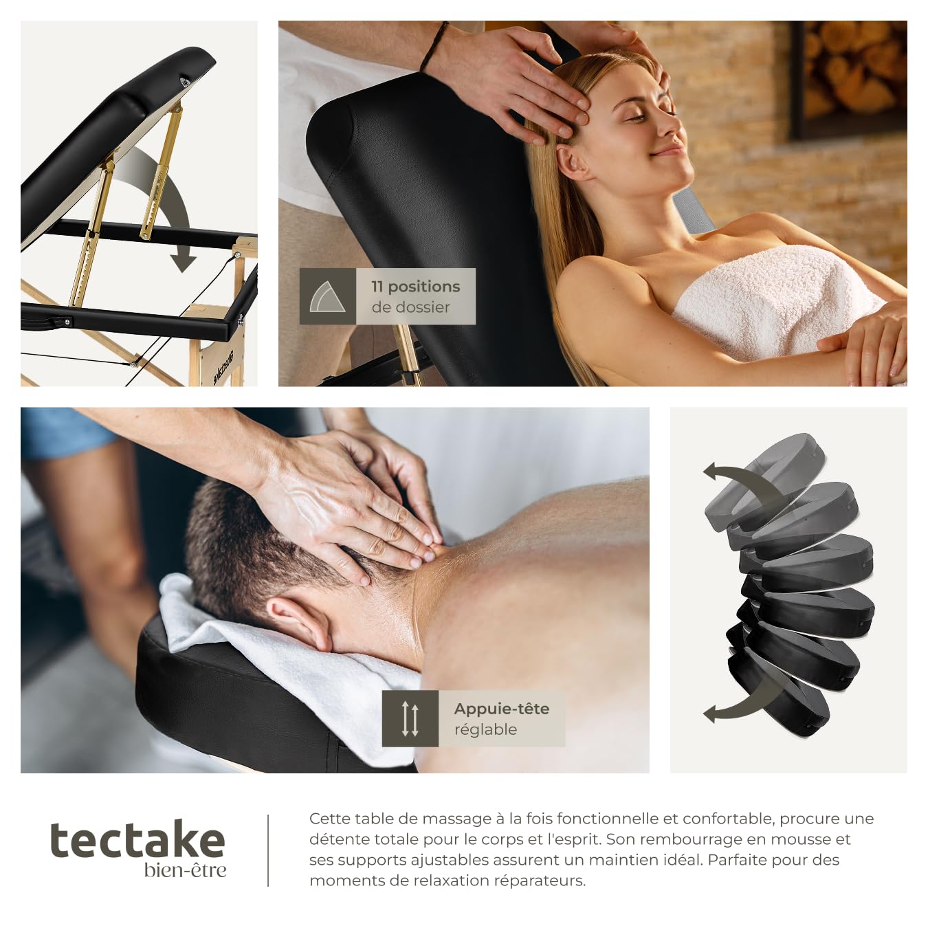 tectake® Table de Massage Pliante Professionnelle 3 Zones Ergonomique Massage et Relaxation Bois Table Esthetique Professionnel Lit de Massage Portable, Accessoires & Housse de Transport - Noir
