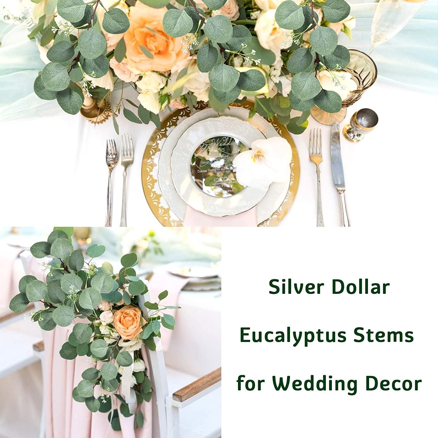 20 Pcs Fake Eucalyptus Leaves Stems 14.2" Tall Silver Dollar Artificial Greenery Stems for Home Wedding Decor Faux Eucalyptus Plant Bride Bouquet Vase Floral Arrangement (Grey Green with Seeds)