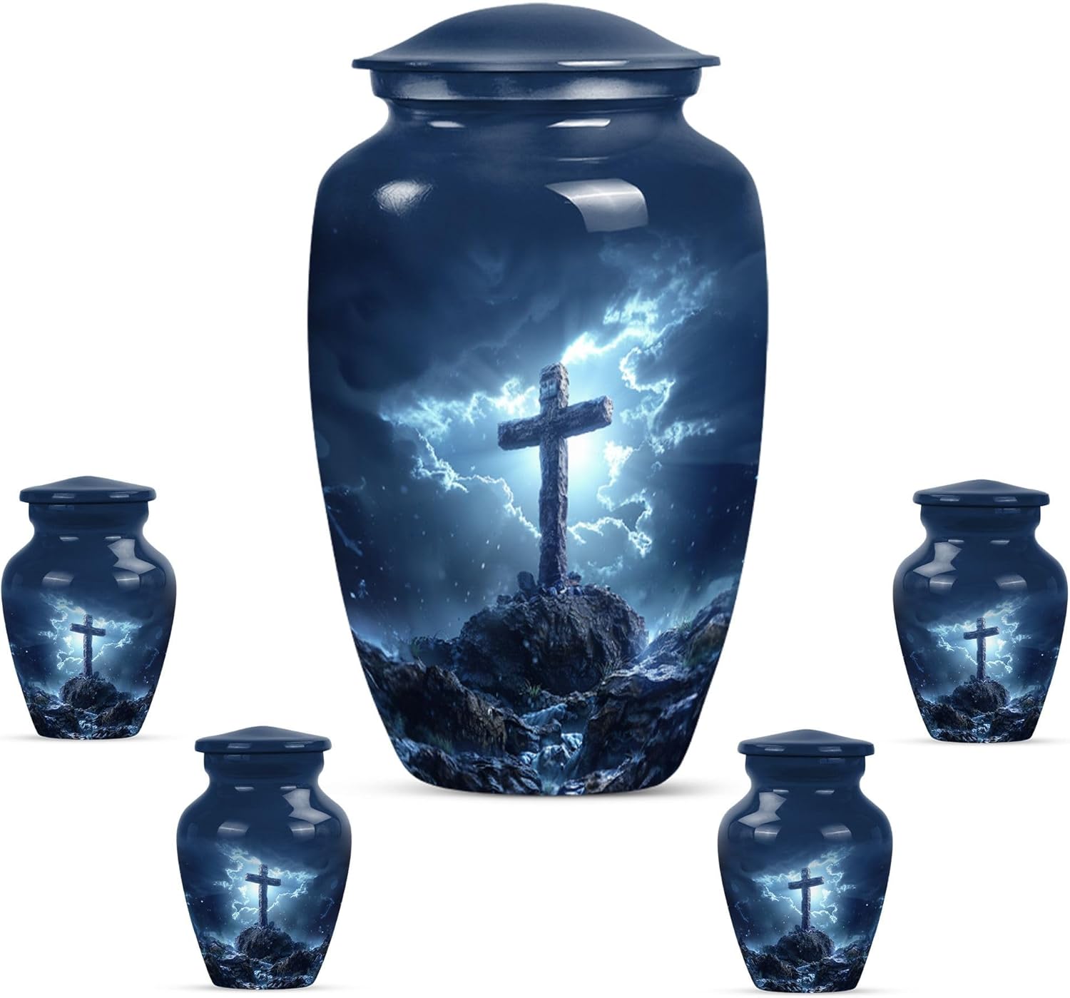 Cross Funeral Urn for Mother and Father Keepsake - Blue Urns for Adult Female - 1 Large Urn for Ashes Adult Male - Small Urns for Human Ashes Set of 4, (10&3 Inch)