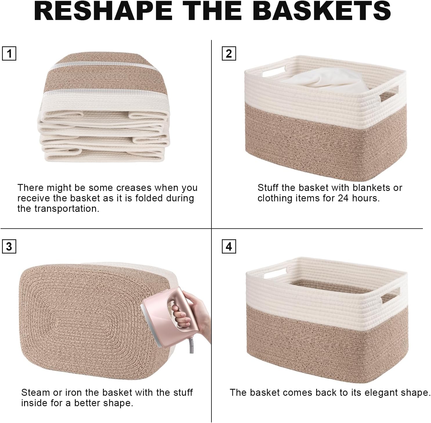 4 Pack Storage Baskets for Organizing, Woven Baskets for Shelves - Perfect for Toys, Books, Towels, and Clothes, Durable Gift Basket Bins Toy Storage, 15.7''Lx11.8''Wx7.8''H, Brown & White