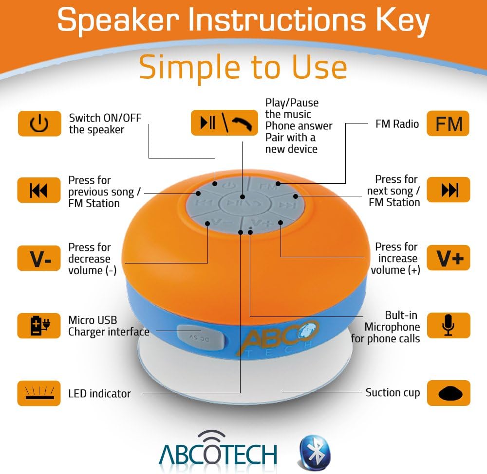 Bluetooth Shower Speaker – FM RADIO – Water Resistant – Wireless and Hands-Free speaker phone with Suction Cup – Auto Pairing Feature – Compatible with all Bluetooth devices