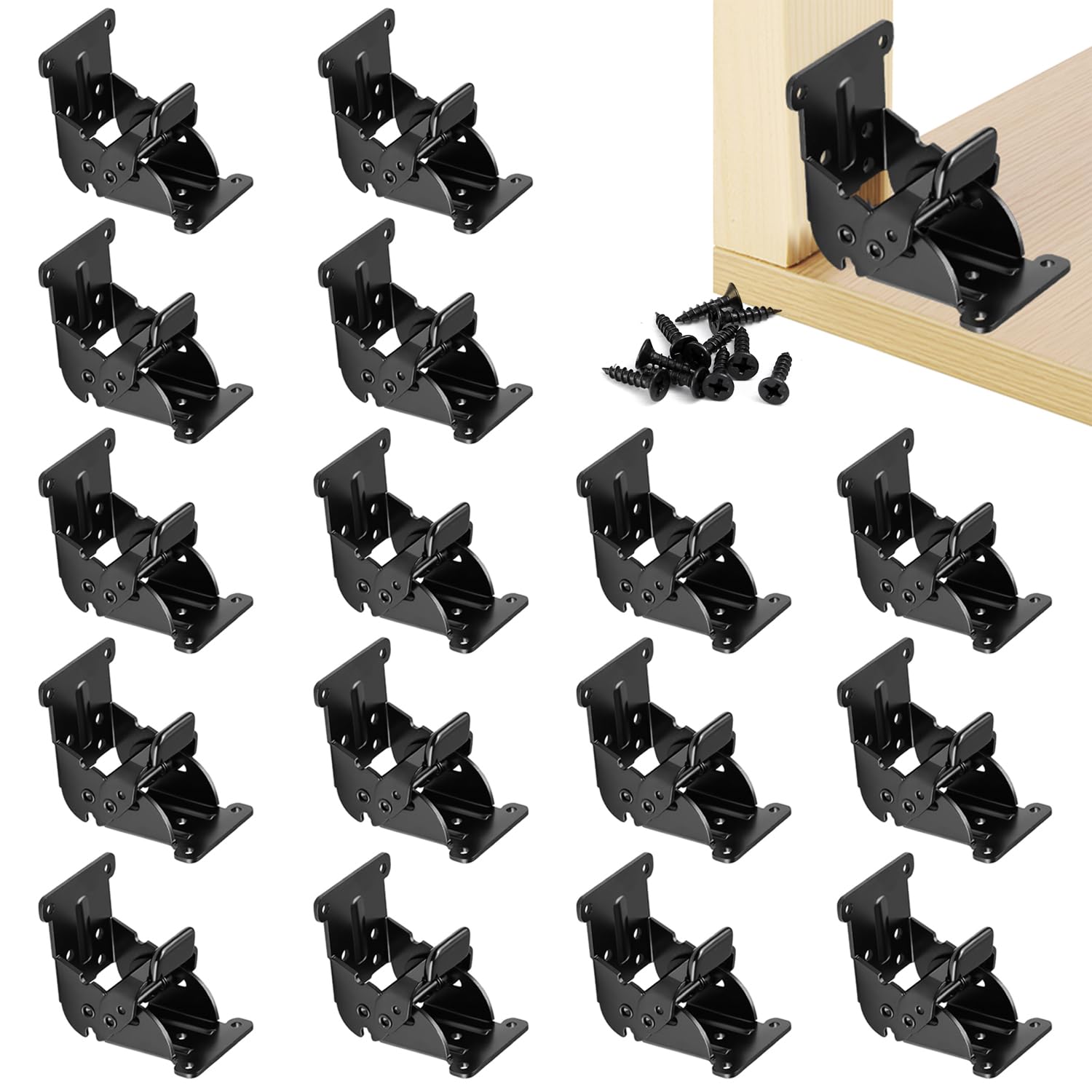 Folding Brackets 18 Pack, Heavy-Duty Self-Locking Hinges with Screws, Foldable Lock Extension Support Brackets for Table Legs, Bed Legs, Workbenches – Black
