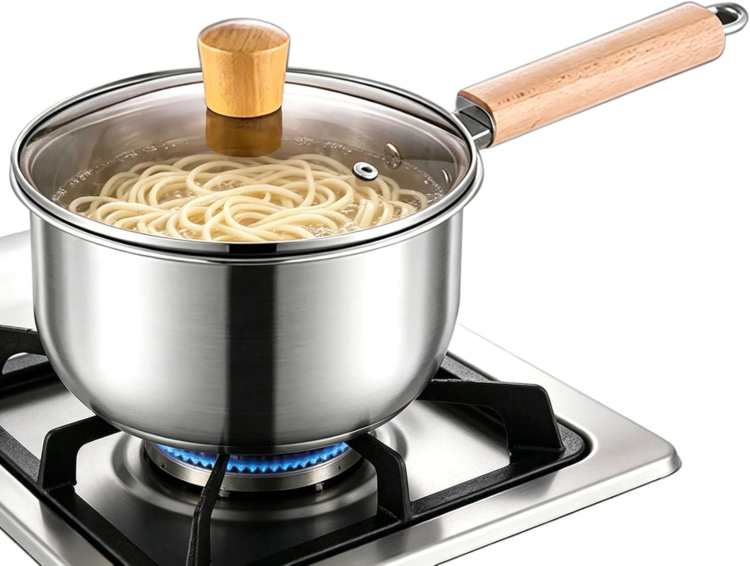Thickened Milk Pot, 1.3 Quart Long Handle Stainless Steel Saucepan with Wood Lid for Cooking, Boiling Milk, Spaghetti, Soup in Kitchen and Outdoor (S)