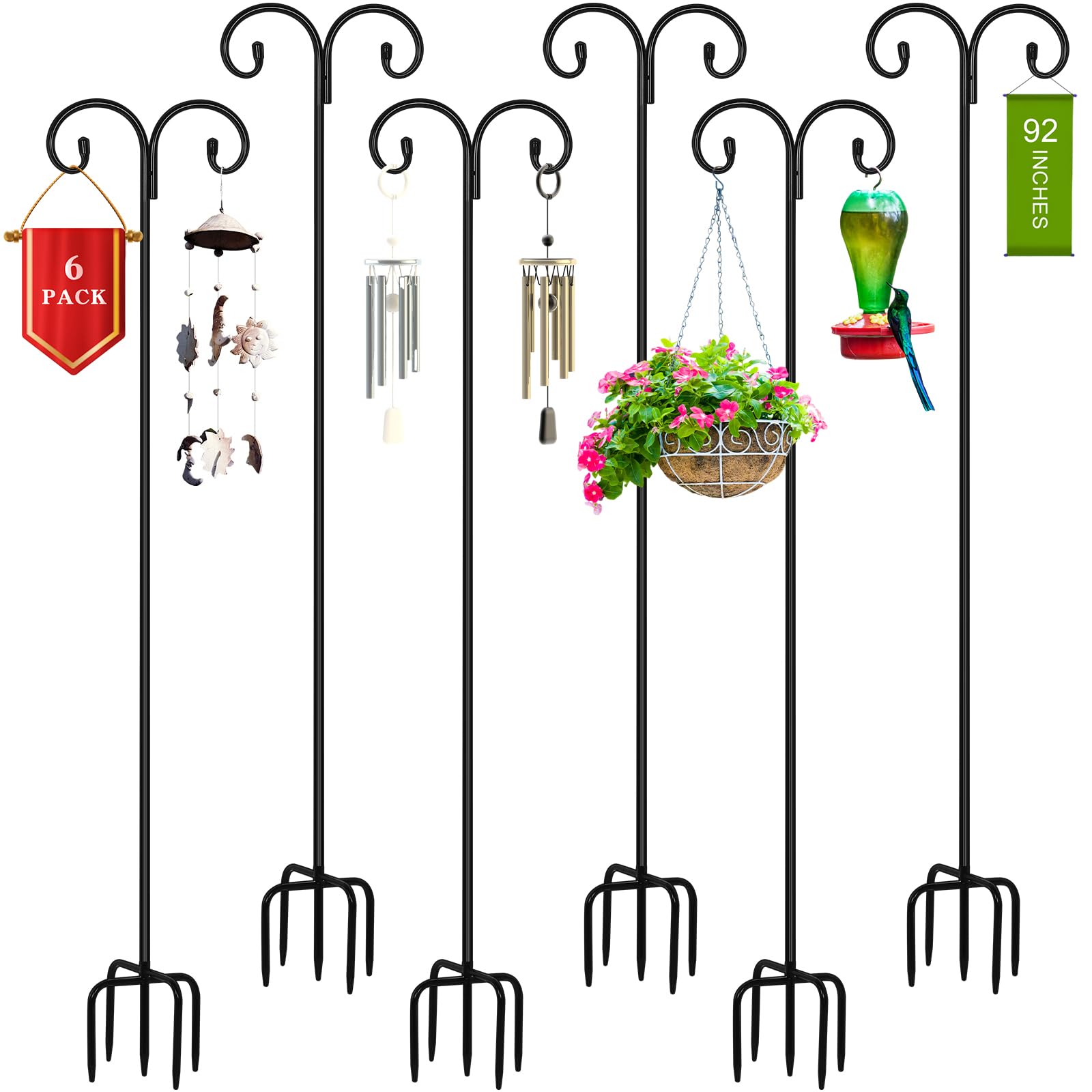 6 Pcs 92 Inch Adjustable Double Shepherd Hooks 1/2 Thicken Heavy Duty Two Sided Bird Feeder Pole with 5 Prong Base for Outdoor Hanging Plant Solar Light Lantern Wind Chime Wedding, Black