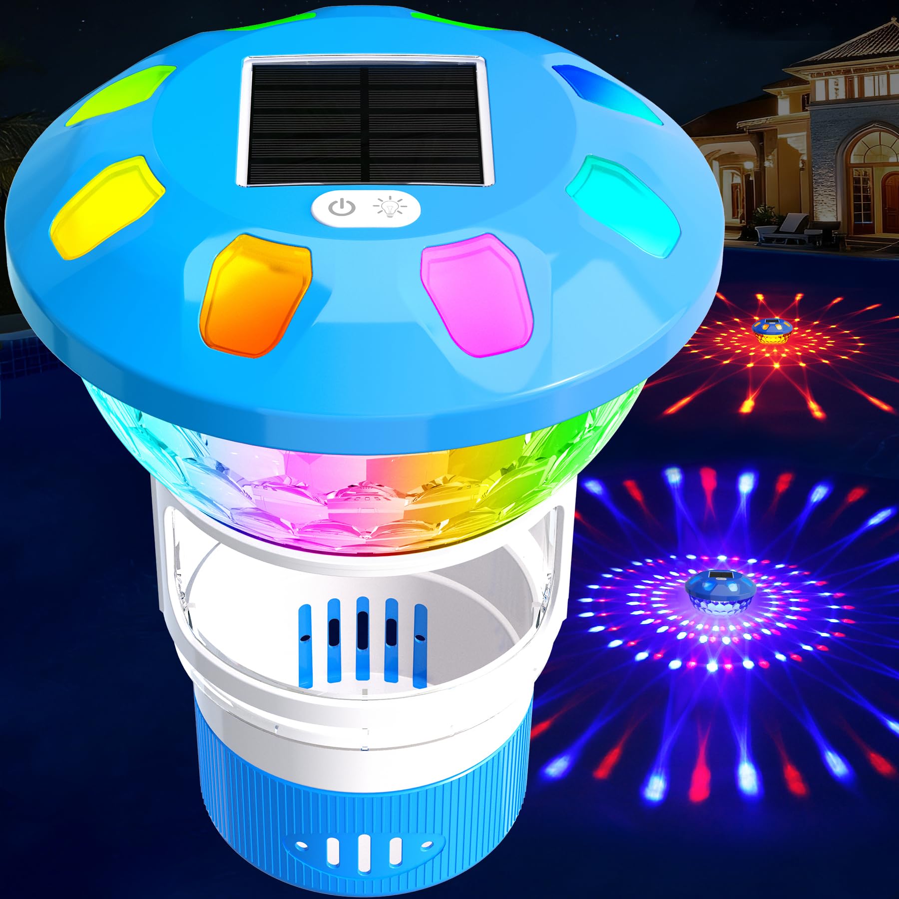 KingSom 2026 Diffuseur Chlore Piscine, Distributeur de Chlore Flottant avec Lumineux Solaire, Contrôle par Bouton Distributeur de Chlore pour Piscine Réglable, Doseur de Chlore,Flotteur Chlore Piscine