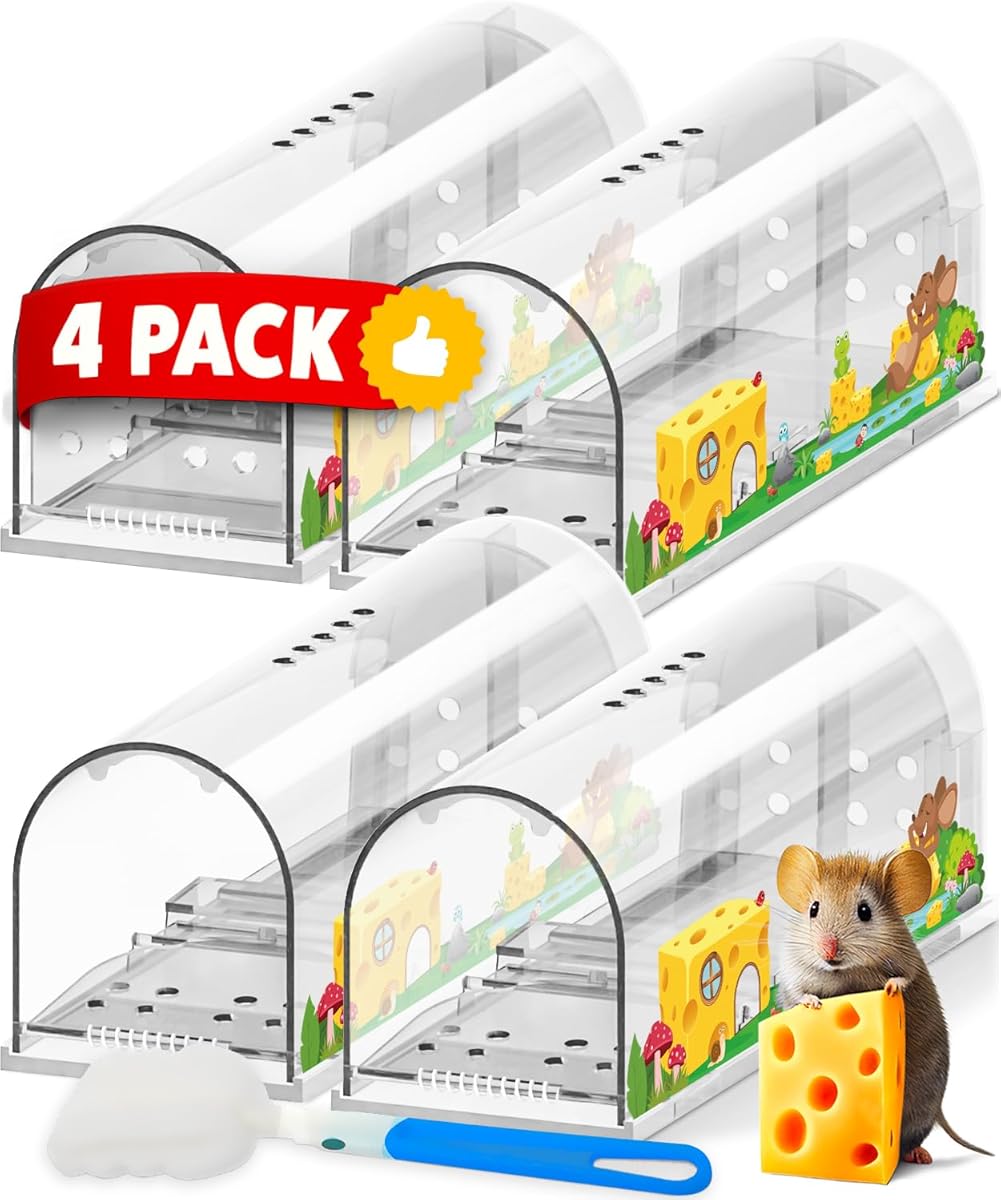 Motel Mouse Humane Mouse Traps No Kill Live Catch and Release 4 Pack - Reusable, Easy to Use & Clean, No Touch Release, Sensitive Includes Cleaning Brush, Instruction Manual & Video - Mousetrap Indoor
