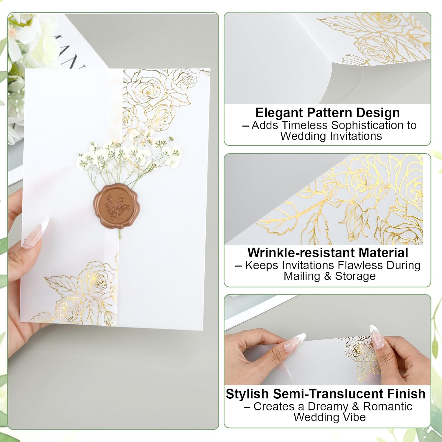 50 Sets Wedding Invitation Kit for 5x7 Invitations Floral Vellum Wedding Envelopes Set Includ Chiffon Ribbon,Dried Gypsophila & Gold Wax Seal Stickers for Wedding DIY Craft