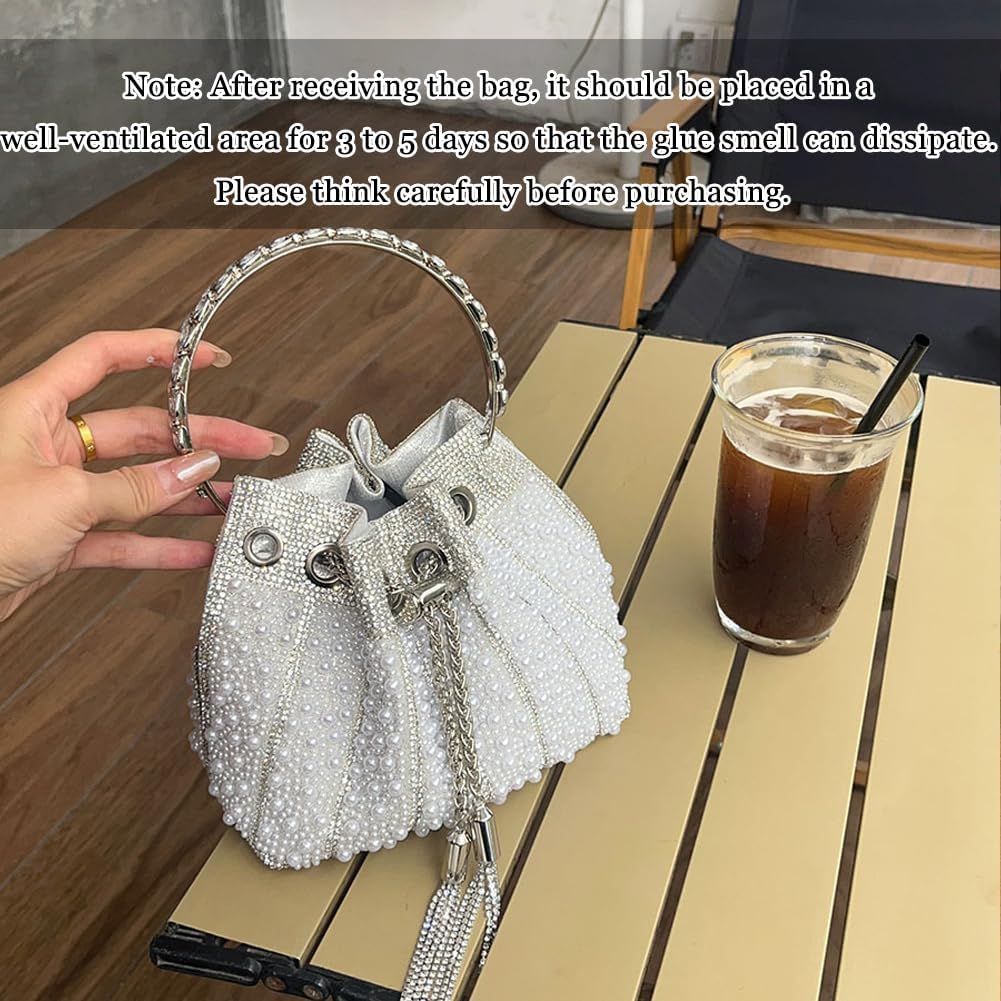 Pearl Clutch Purse Vintage Rhinestone Bucket Evening Bag Unique Crossbody Handbag for Wedding Party Prom
