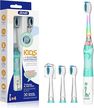 Seago Kids Electric Toothbrush 3-5-6-12 Toddler Childrens Toothbrushes with Timer,Colorful Rainbow LED Light and 4 Heads for Junior Boys Girls Battery-Powered Sonic Tooth Brush SG977 Green