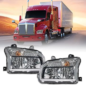 Pair Headlights Fits Kenworth T880 2014-2023 Headlights Assembly Lamps for Kenworth T880 Replacement Left &Right Side T880 Semi Truck Accessories Chrome, Halogen