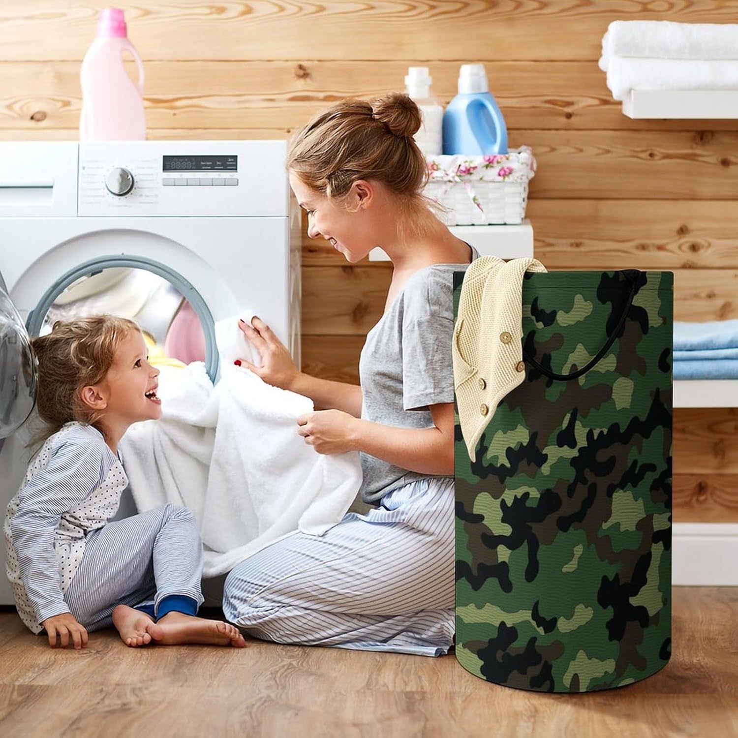 Green Military Camo Laundry Hamper with Handles Waterproof Collapsible Laundry Basket Large Lightweight Round Dirty Clothes Hamper for Home Dorm Bathroom Decor